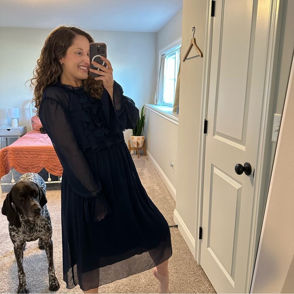 See By Chloe Navy Blue Long Sleeve Floral MIDI Dress Medium - Picture 2 of 16